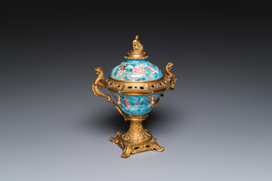 A Chinese Canton enamel bowl and cover with fine gilt bronze mount, Jiaqing