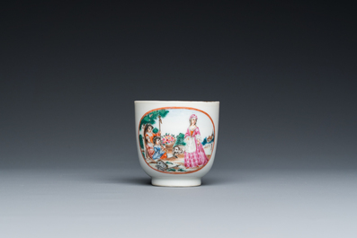 A Chinese famille rose 'European subject' cup and saucer, Qianlong