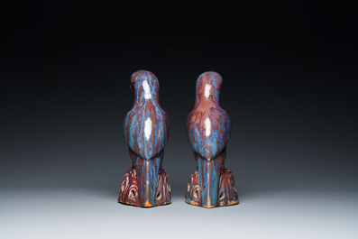 A pair of Chinese flamb&eacute;-glazed birds, 19th C.