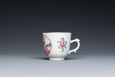 A Chinese famille rose 'European subject' cup and saucer, Qianlong