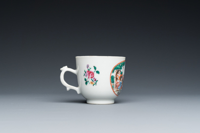 A Chinese famille rose 'European subject' cup and saucer, Qianlong