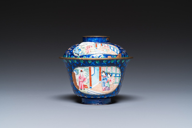 Four Chinese blue-ground Canton enamel wares, Qianlong/Jiaqing