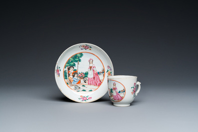 A Chinese famille rose 'European subject' cup and saucer, Qianlong