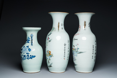 Two Chinese famille rose vases and a blue and white celadon vase, 19/20th C.