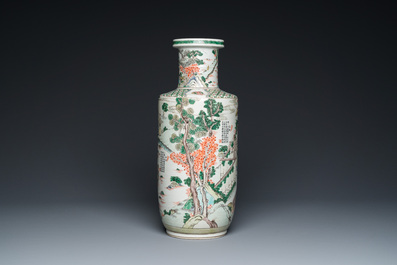 A fine Chinese famille verte rouleau 'rice production' vase, 19th C.