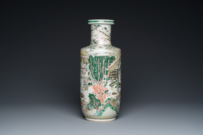 A fine Chinese famille verte rouleau 'rice production' vase, 19th C.