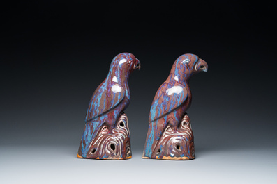 A pair of Chinese flamb&eacute;-glazed birds, 19th C.