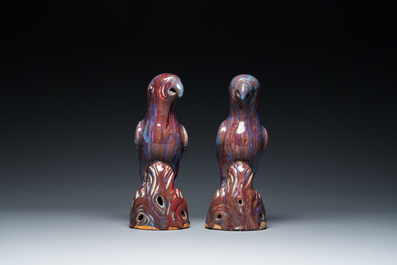 A pair of Chinese flamb&eacute;-glazed birds, 19th C.