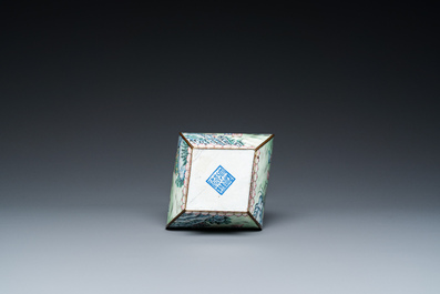 A Chinese lozenge-shaped Canton enamel 'Four gentlemen' vase, Qianlong mark and of the period