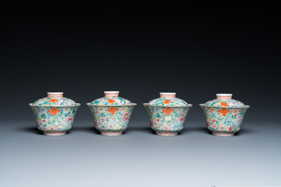 Four Chinese famille rose millefleurs covered bowls on stands, Qianlong mark, Republic