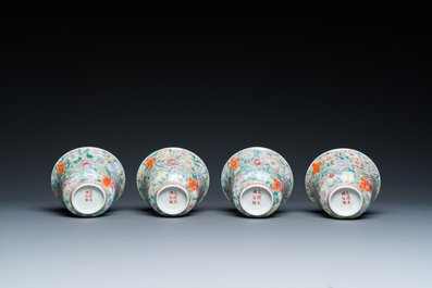 Four Chinese famille rose millefleurs covered bowls on stands, Qianlong mark, Republic