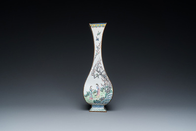 A Chinese lozenge-shaped Canton enamel 'Four gentlemen' vase, Qianlong mark and of the period