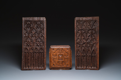 A collection of 11 carved wooden panels with various designs, France, Holland and/or Flanders, 14/16th C.