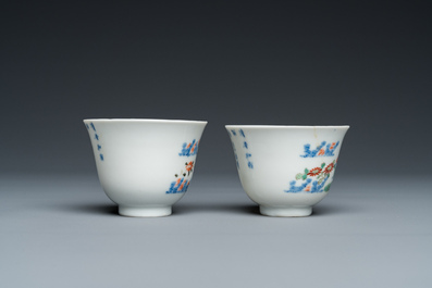 A pair of Chinese famille verte 'grasshopper' teacups, Kangxi mark but probably later