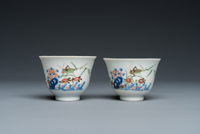 A pair of Chinese famille verte 'grasshopper' teacups, Kangxi mark but probably later