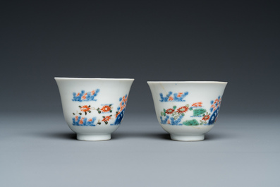 A pair of Chinese famille verte 'grasshopper' teacups, Kangxi mark but probably later