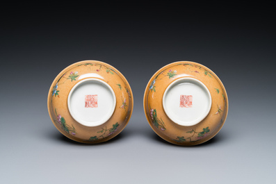 A pair of Chinese caf&eacute;-au-lait-ground famille rose 'grasshopper' bowls, Daoguang mark and of the period