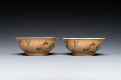 A pair of Chinese caf&eacute;-au-lait-ground famille rose 'grasshopper' bowls, Daoguang mark and of the period