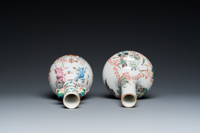 A Chinese famille rose '18 Luohan' bottle vase and a famille verte vase, Kangxi mark, 19th C.