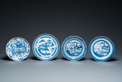 A Chinese blue and white dish and ten plates, 19th C.