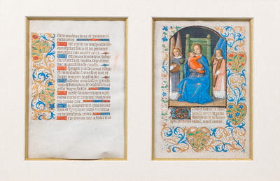 Twee pagina's uit een verlucht handschrift, mogelijk een getijdenboek, wellicht Vlaanderen, 16e eeuw