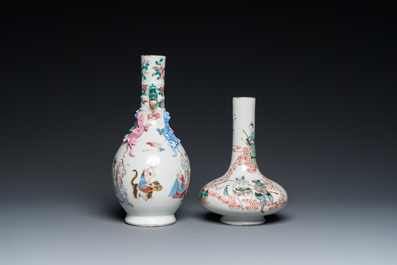 Un vase en porcelaine de Chine famille rose &agrave; d&eacute;cor des '18 Luohan' et un vase famille verte, marque de Kangxi, 19&egrave;me