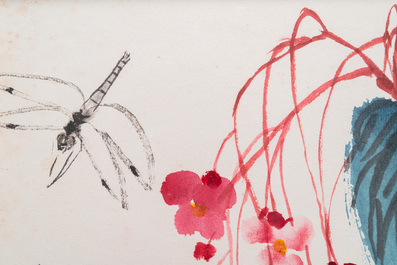 Lou Shibai 婁師白 (1918-2010): 'Libelle bij bloemen' en Qi Gong 啟功 (1912-2005): 'Kalligrafie', inkt en kleur op papier