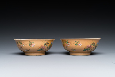 A pair of Chinese caf&eacute;-au-lait-ground famille rose 'grasshopper' bowls, Daoguang mark and of the period