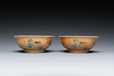 A pair of Chinese caf&eacute;-au-lait-ground famille rose 'grasshopper' bowls, Daoguang mark and of the period