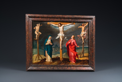 Antwerp school, 16th C.: 'Crucifixion of Christ', oil on copper