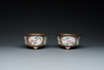 A pair of Chinese Canton enamel quatrefoil jardini&egrave;res, Qianlong mark, 19th C.
