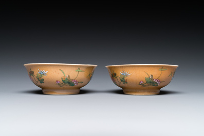 A pair of Chinese caf&eacute;-au-lait-ground famille rose 'grasshopper' bowls, Daoguang mark and of the period