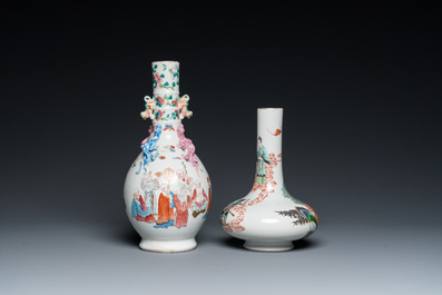 A Chinese famille rose '18 Luohan' bottle vase and a famille verte vase, Kangxi mark, 19th C.