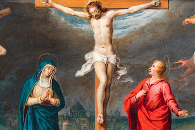 Ecole anversoise, 16&egrave;me: 'La crucifixion', huile sur cuivre