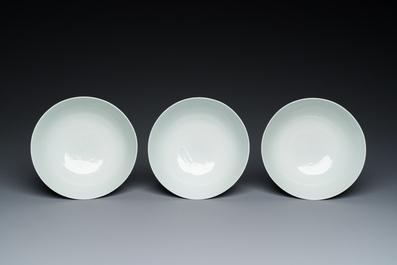 Three Chinese blue and white bowls with figurative design, Xuande mark, 19th C.