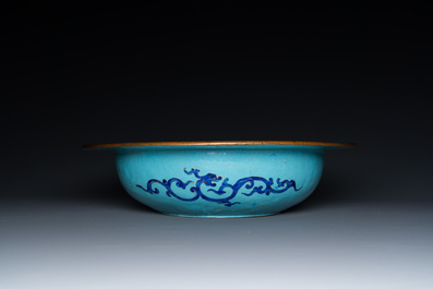 A Chinese Canton enamel turquoise-ground basin and a blue-ground dish, 18/19th C.