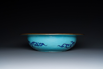 A Chinese Canton enamel turquoise-ground basin and a blue-ground dish, 18/19th C.