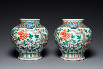 A pair of Chinese famille verte 'dragon' vases, Chenghua mark, 19th C.