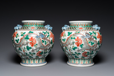 A pair of Chinese famille verte 'dragon' vases, Chenghua mark, 19th C.