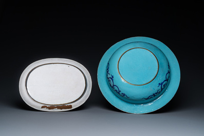 A Chinese Canton enamel turquoise-ground basin and a blue-ground dish, 18/19th C.