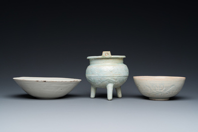 Two Chinese qingbai bowls and a tripod censer, Song/Ming