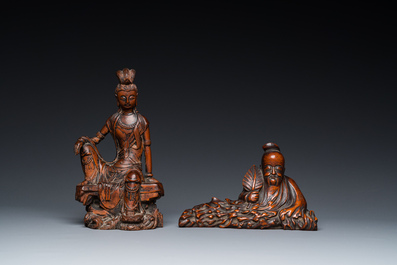 Two Chinese wood sculptures of Guanyin and Tudigong, Qing