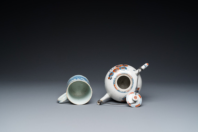 Six Chinese famille rose cups and saucers, an Imari-style teapot and a blue and white mug, Kangxi/Qianlong