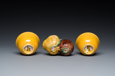 A Chinese sancai-glazed water dropper and a pair of yellow-glazed anhua 'dragon' bowls, Xianfeng mark, Kangxi and later