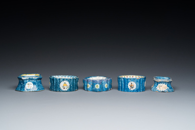 Five polychrome Brussels faience salts, 18/19th C.