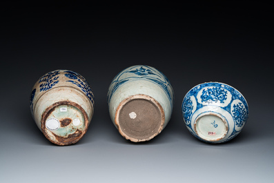 Two blue and white Islamic pottery storage jars and a bowl, Persia, 17/19th C.