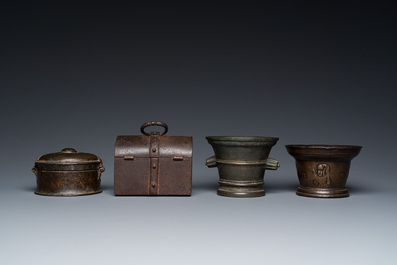 Two bronze mortars, a round lidded box and an iron casket, Western Europe, 16/17th C.