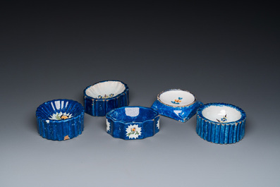 Five polychrome Brussels faience salts, 18/19th C.