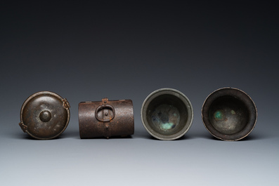 Two bronze mortars, a round lidded box and an iron casket, Western Europe, 16/17th C.