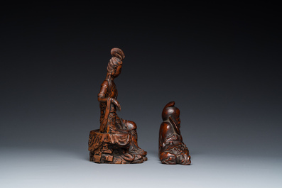 Deux sculptures en bois figurant Guanyin et Tudigong, Chine, Qing